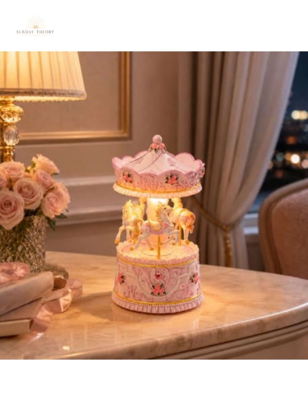 Wind-Up Musical Carousel with LED Lights Hand-Painted Resin Music Box
